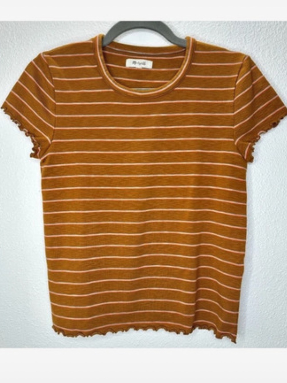 Madewell Rust Brown Peach Blue Stripe Short Sleeve Lettuce Hem